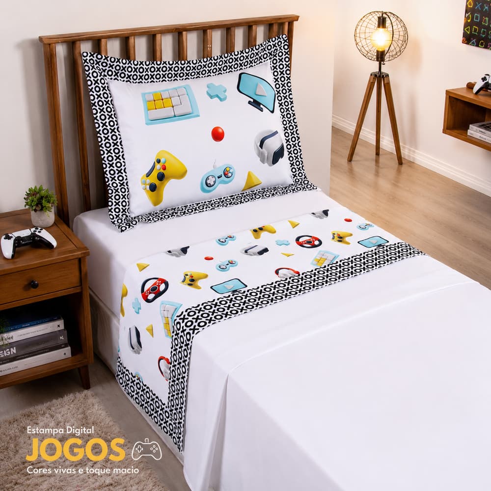 Jogo de Lençol Solteiro Gamer 3 Peças 300 Fios Estampa Digital Com Elástico
