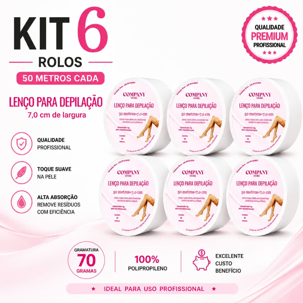 TNT PARA DEPILACAO KIT 06 Rolos 50 METROS 7cm 70g Lenco p/ Depilaçao Papel p/ Depilaca