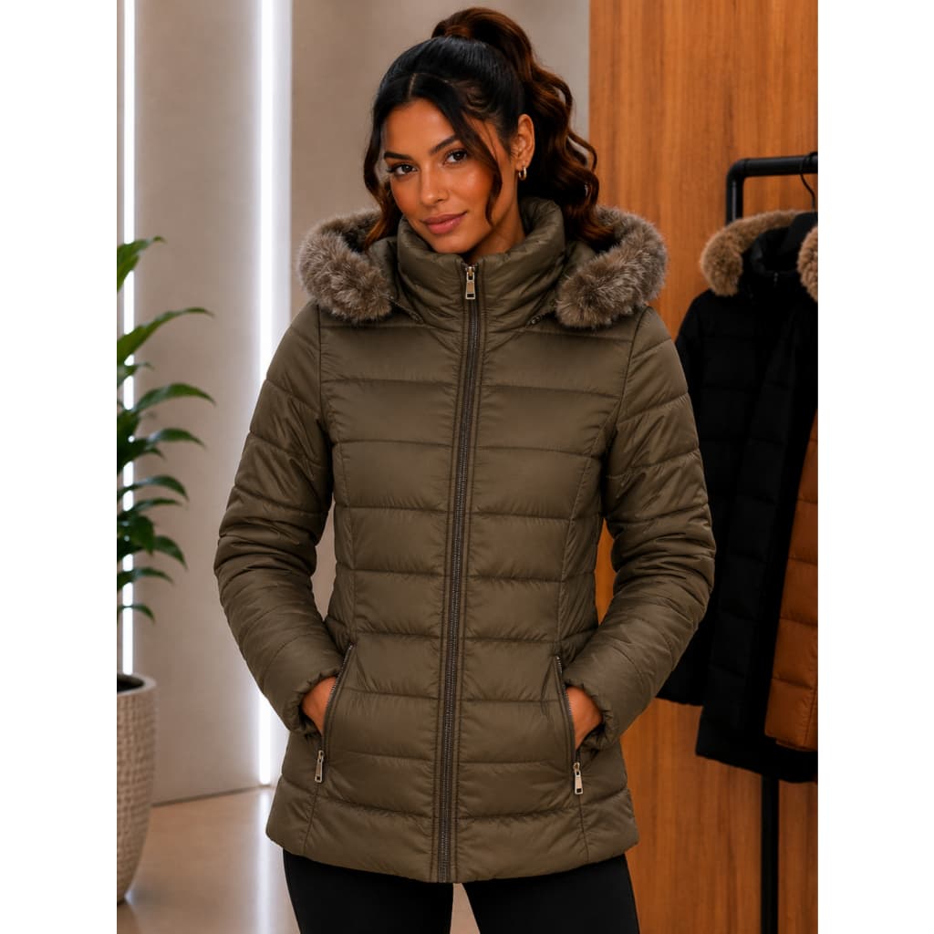 Jaqueta Feminina Inverno Puffer Peluciada Térmica Capuz Removível Impermeável Com Pelo Luxo