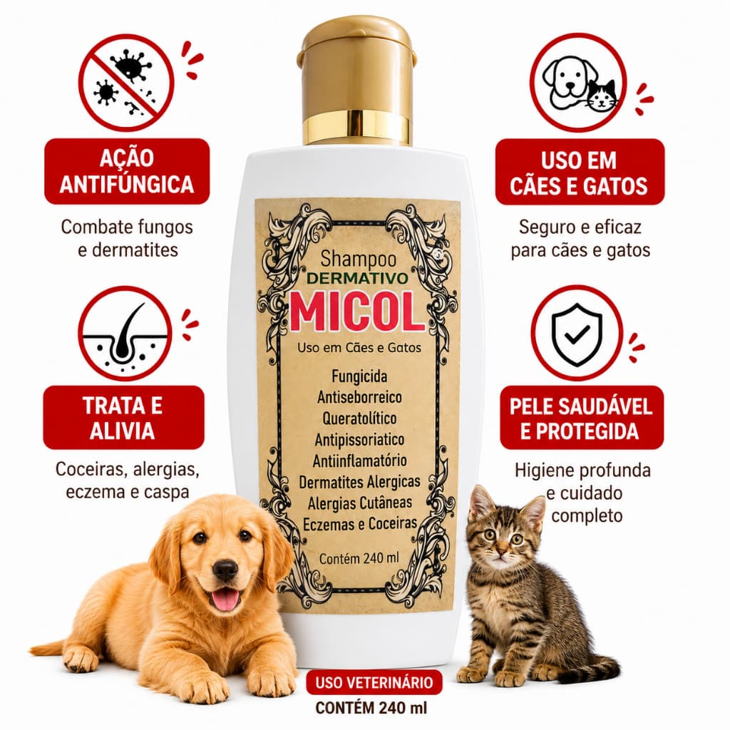 Shampoo Fungicida Antimicrobiano Dermatite Alergia Coceira Eczema Cães Gatos Miconazol Micol 240ml