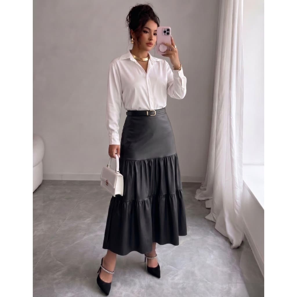 Saia Midi Camadas Moderna Cirre Rodada Fashion