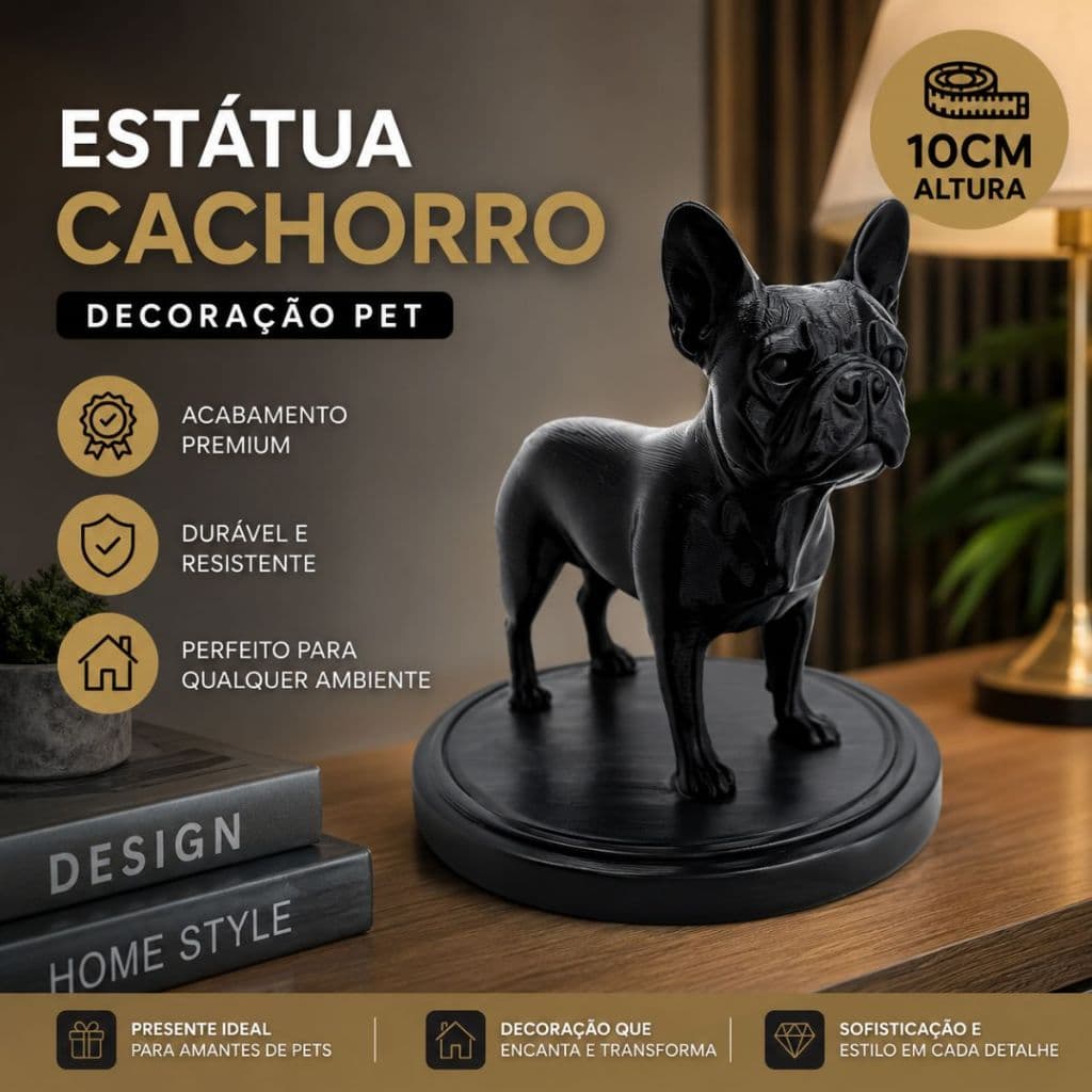 Estátua Cachorro Buldogue Francês Preto 10cm Decoração Pet Resistente Enfeite Sofisticado Ambientes