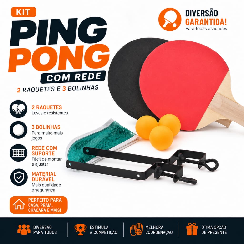 Kit Ping Pong com Rede 2 Raquetes E 3 Bolinhas Jogo de Mesa Jogo de Ping Pong Tênis de Mesa