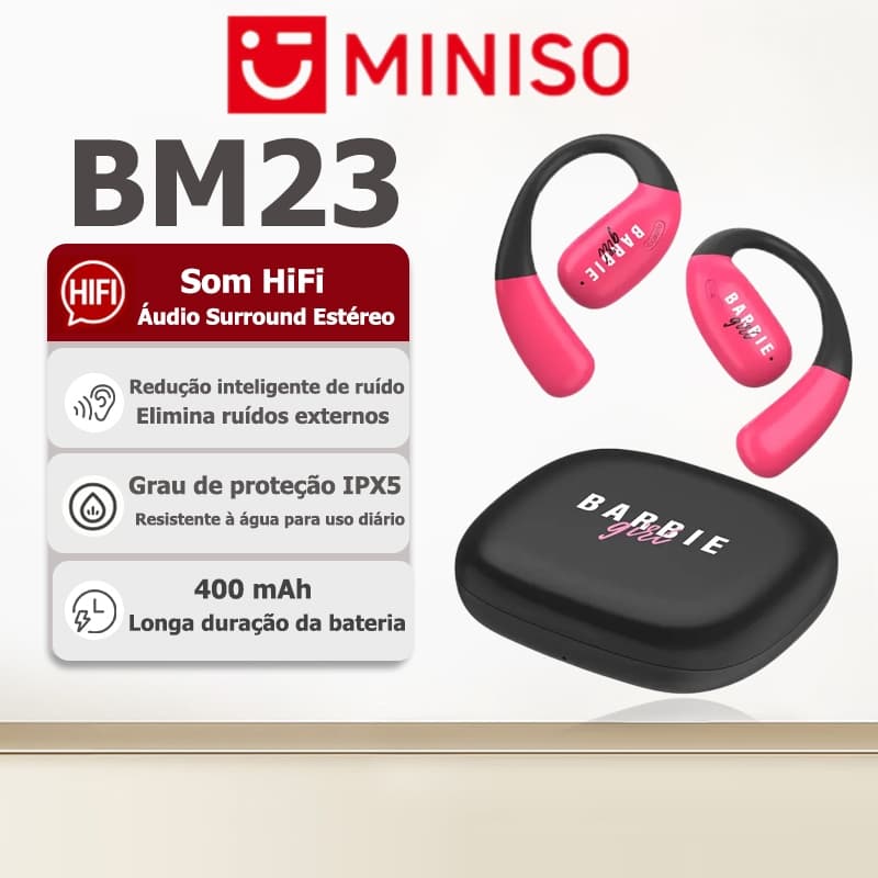 Fone Bluetooth MINISO BM23 Barbie, Bluetooth 5.4, som HiFi, áudio surround estéreo e resistência à água IPX5 para uso di