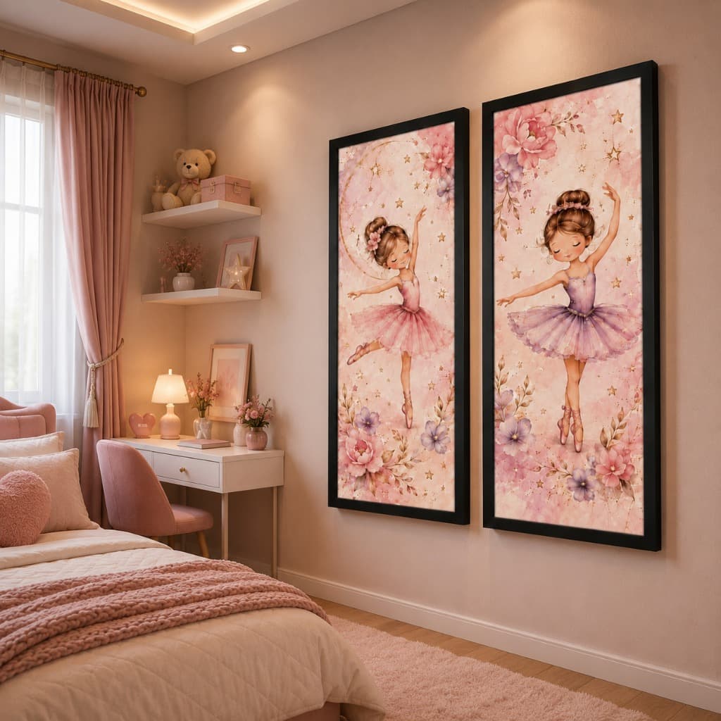 Kit 2 Quadros Decorativos Bailarina Infantil Rosa Lilás Quarto Menina