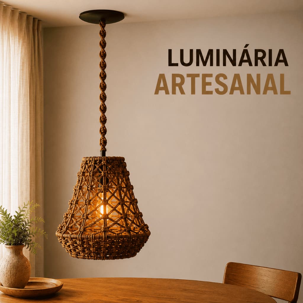 Lustre Pendente Artesanal Corda Náutica Luminária Decorativa Boho Rústica Para Sala Cozinha Área Gourmet
