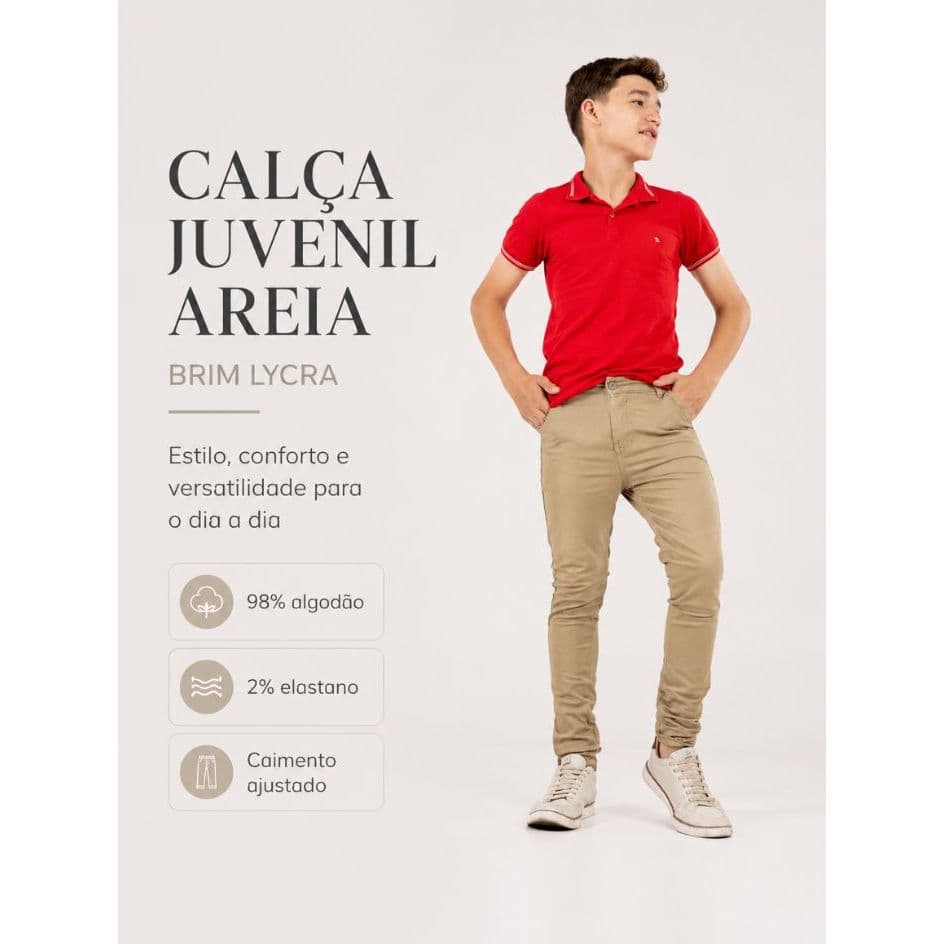 Calça Juvenil Masculina Slim Brim   Cintura Alta Confortável Casual 98% Algodão Com Elastano Premium