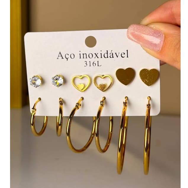 Kit 6 Pares de Brincos Dourado Feminino Aço Inoxidável 316L