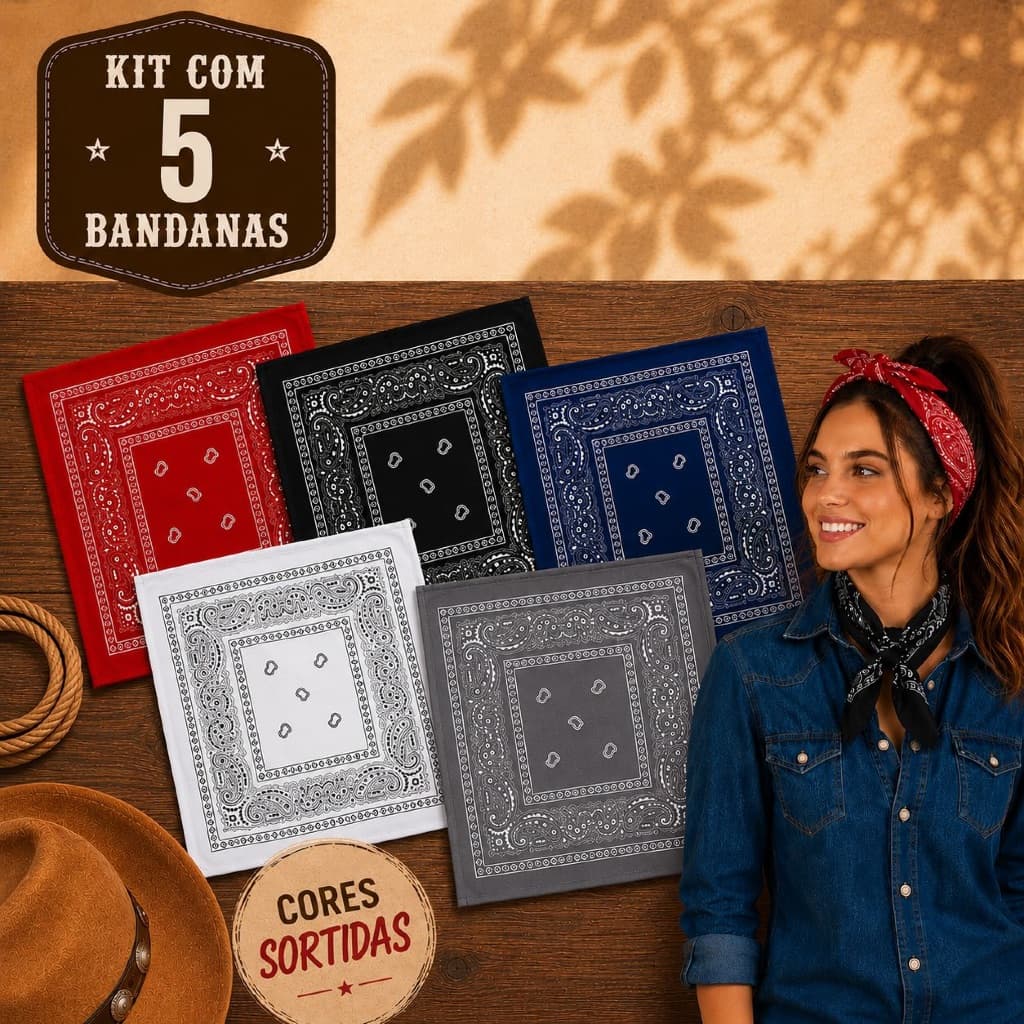 Kit 5 Lenços Bandanas Unissex Estampado Diversas Cores Diversos Modos De Uso Colorido Country