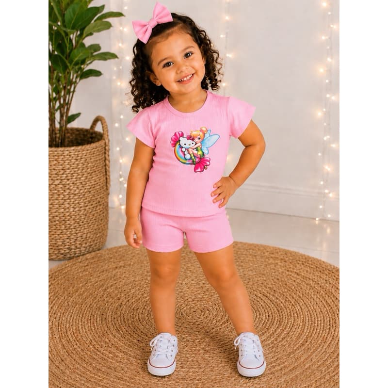 15 Itens (5 blusa + 5 short + 5 laço de cabelo ) veste 3 - 6 anos tamanho único (tecido canelado)