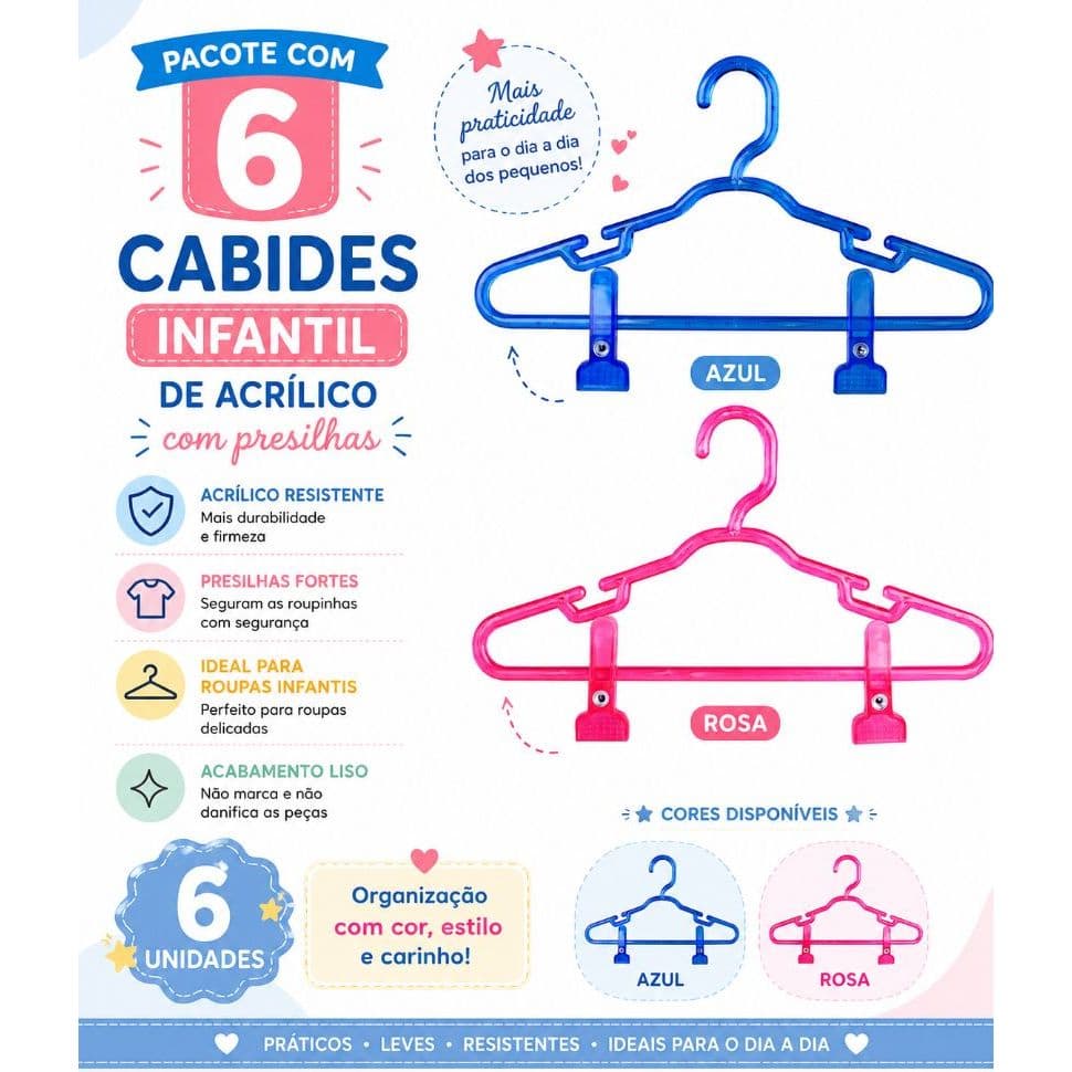 conjunto de 6 cabides infantil de acrílico com presilhas nas cores azul ou rosa