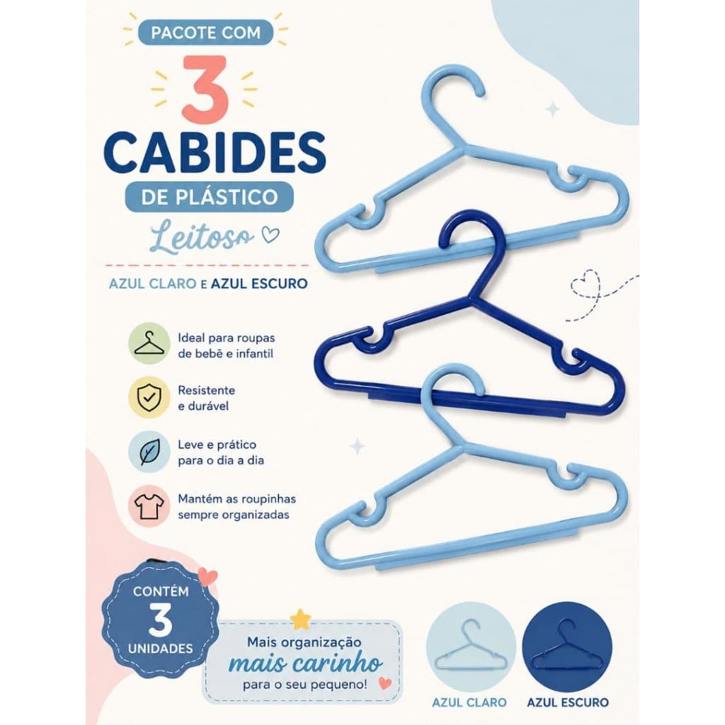 Conjunto de 9 Cabides infantil em plástico resistente nas cores azul escuro e azul claro.