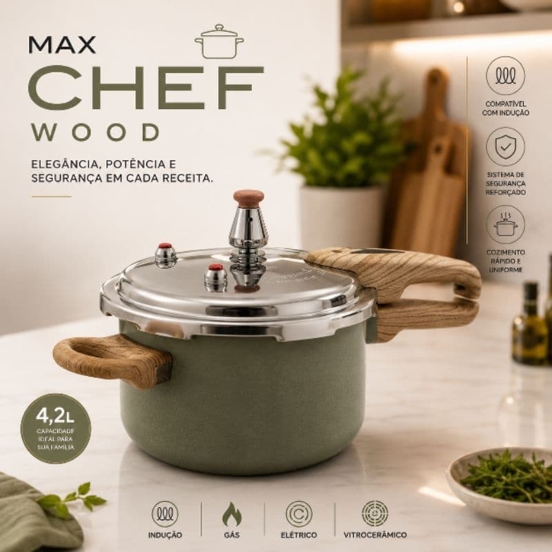 Panela de Pressão Indução 4,2L Cerâmica Max Chef Compatível Fogão Indução Gás Elétrico Vitrocerâmico