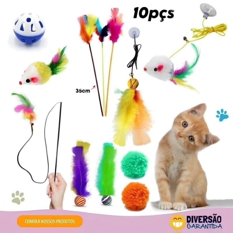 Brinquedo para gatos kit c/ 10 sortidos - ping pena, varinha,bola de sisal