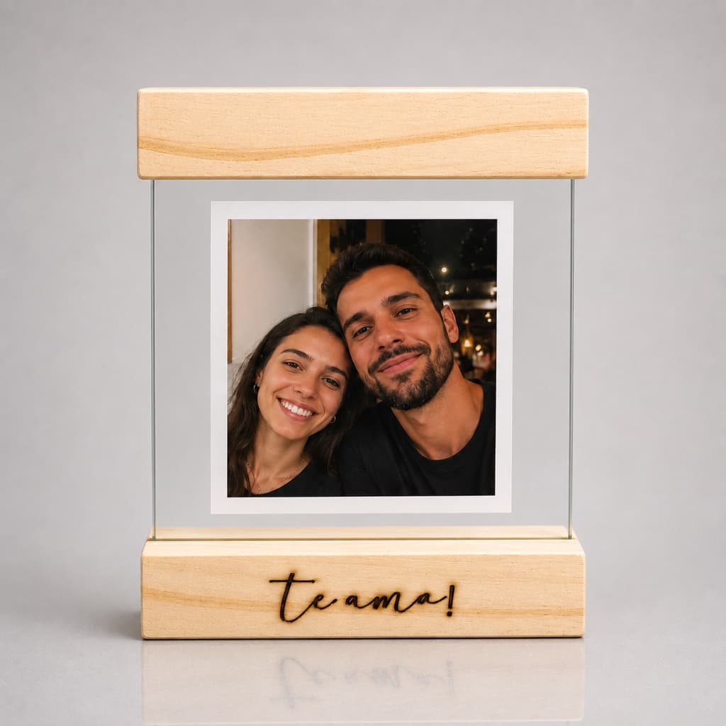 Porta Retrato Quadrinho 10x10 Personalizado Vidro Duplo Madeira Pinus Presente Casal Mãe Pai Família