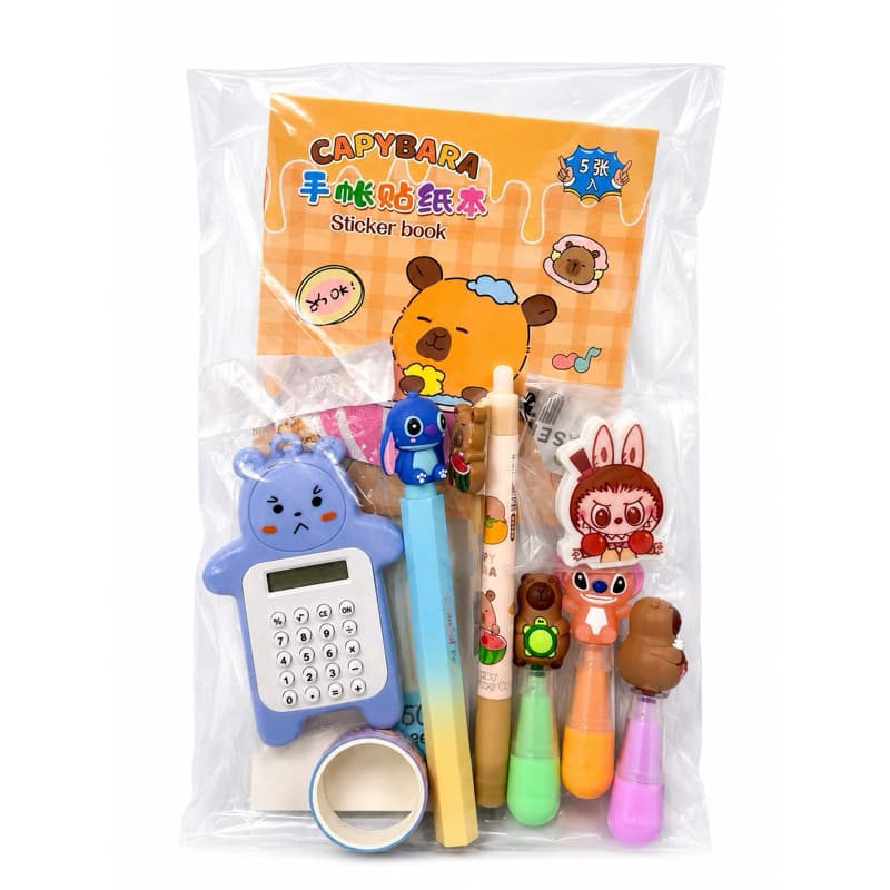 Kit Papelaria Fofa 10 Itens Capivara Stitch Canetas Marca Texto Post-it Adesivos Mini Calculadora