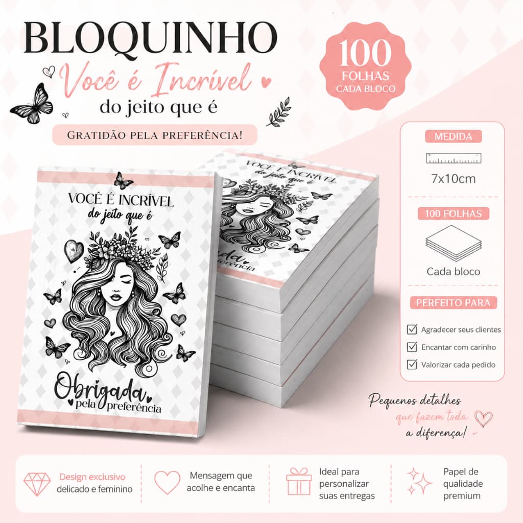 Kit 5 blocos de Agradecimento pela compra para Nicho Feminino / Roupas- Maquiagem- Moda íntima