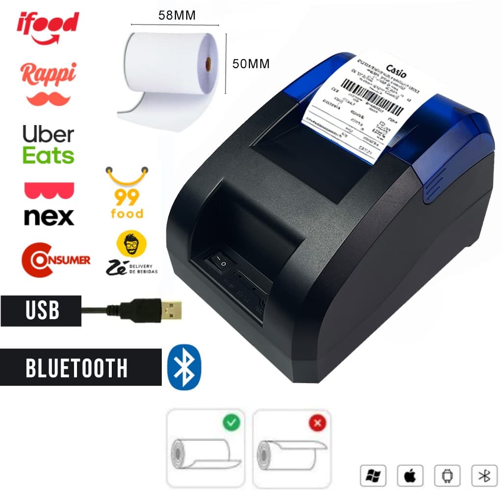 Impressora Térmica 58mm Cupom Não Fiscal Bivolt USB e Bluetooth para Caixa Loja Modelo 5890
