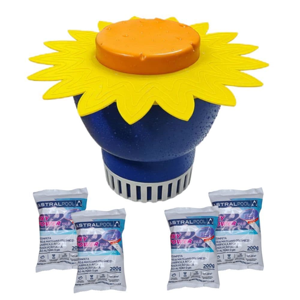 Clorador Flutuante Girassol Limpeza De Piscina 600g + 4 Pastilhas De Cloro 200g