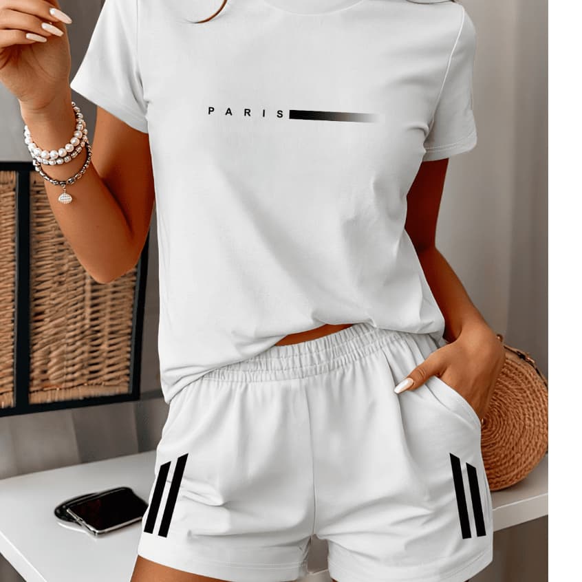 Conjuntinho Feminino De Verão Camiseta e Shortinho Blusa e Short Paris Estiloso Dia Dia