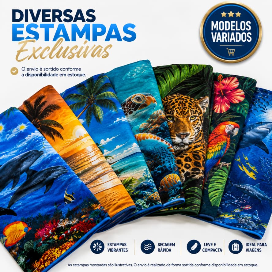 Kit 2 Unidades Toalhas de Praia Felpuda - Secagem Rápida, Leve e Macia, (70x140cm) Modelo Aleatório