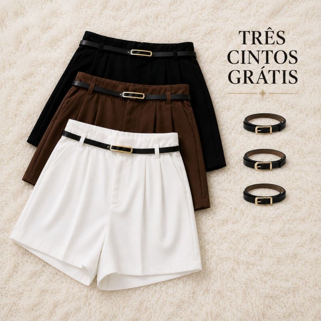 Kit 3 Shorts Femininos Alfaiataria Social Cintura Alta com 3 Cintos Inclusos,, Casual Elegante Moda Para O Verão