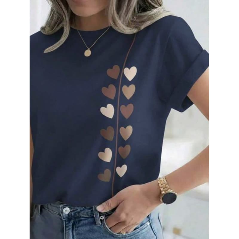 Camiseta T-Shirt Feminina Estampada Corações Manga Curta Casual Confortável