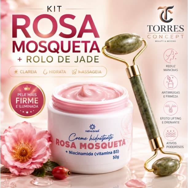 Kit Clareador Rosa Mosqueta Niacinamida Facial Creme Antirrugas Manchas+ Rolo Massageador Pedra Jade