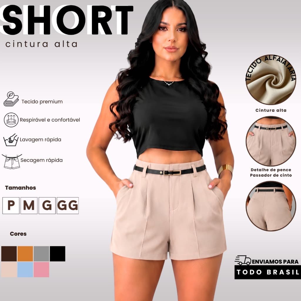 Short Alfaiataria Feminino Cintura Alta com Cinto Zíper Lateral Bolso Social Premium