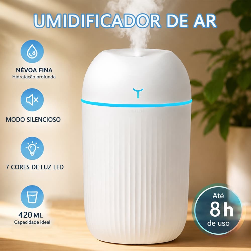 Umidificador De Ar E Aromatizador Para Quarto Humidificador 420ml Luz Led De 7 Cores Com Temporizador 8h