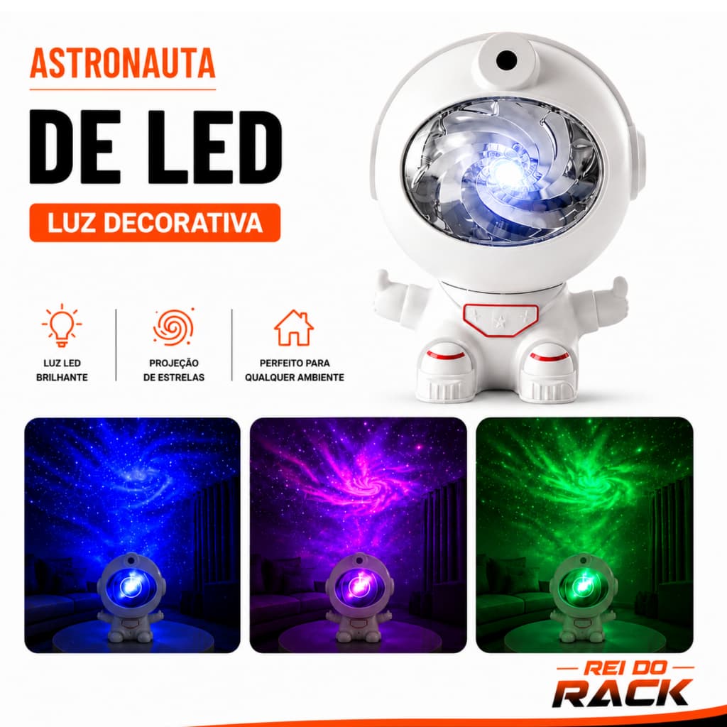 Projetor Astronauta Galáxia LED Controle Remoto Cabeça Ajustável 60° Luz Noturna USB