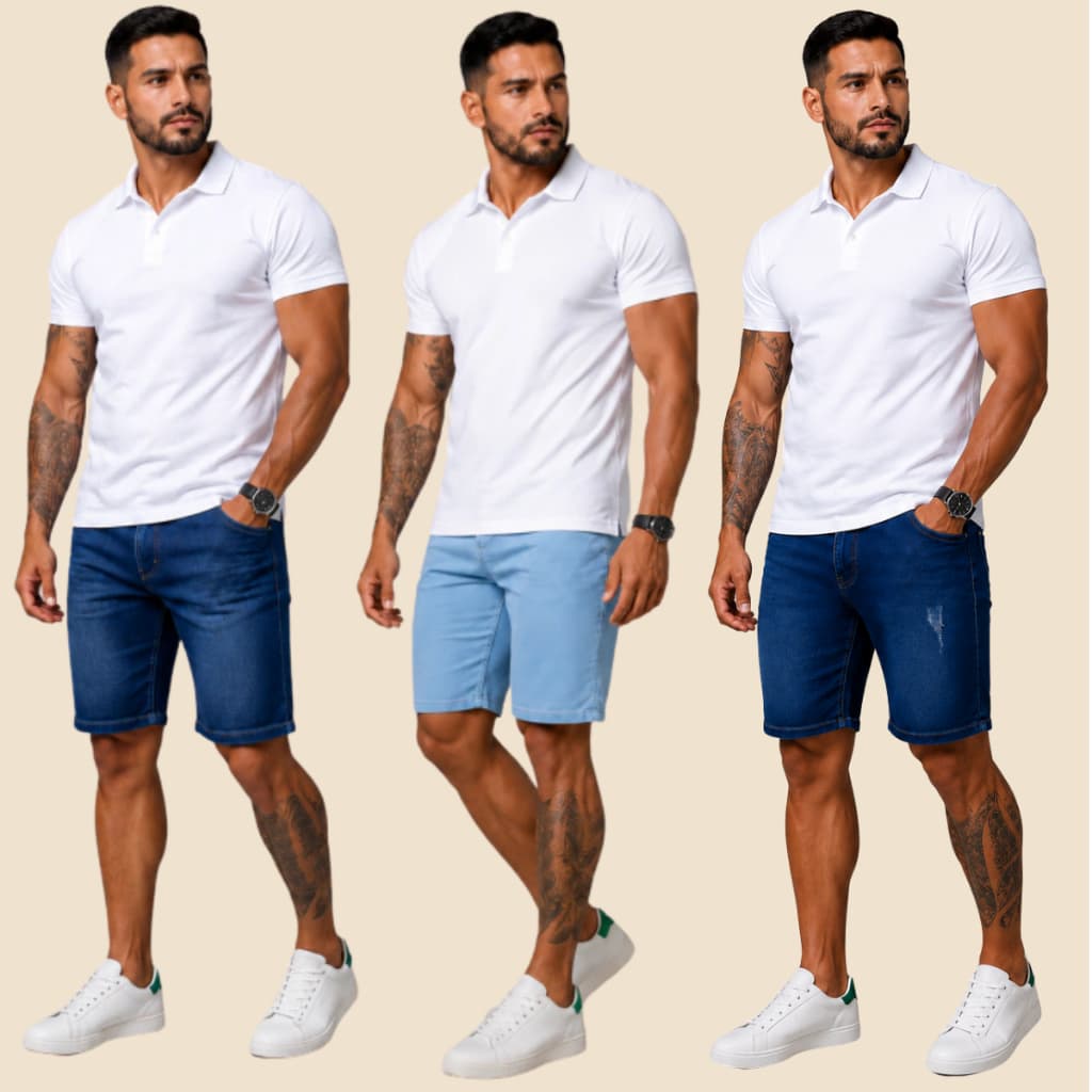 Kit 3 Bermuda Masculina Jeans Elastano Premium | Shorts Jeans Masculino Versátil - Lançamento 2026