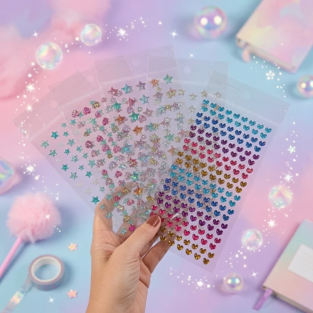 Adesivos de Cristal 3D Resinado Glitter Coloridos Estrelas e Corações Holográficos autocolante scrapbook planner