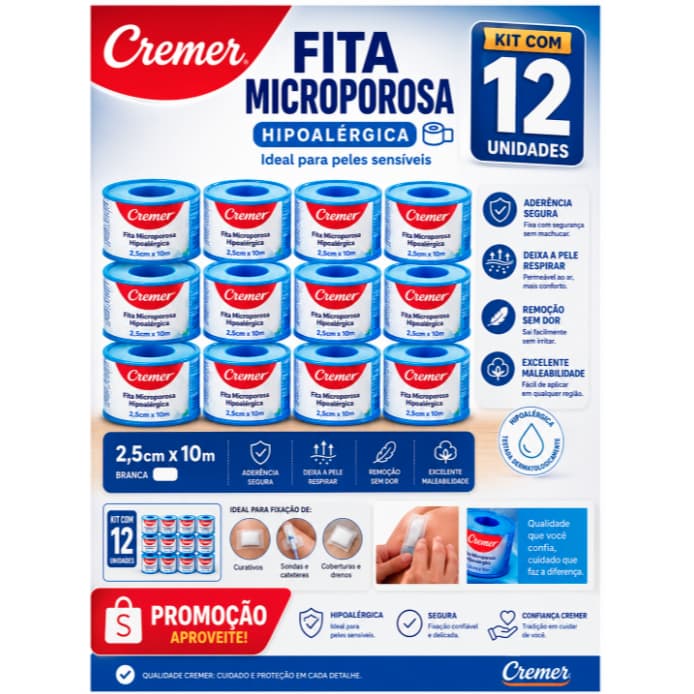 Fita Micropore Cremer - promoção kit com 12 unidades - 2,5cm x 10m