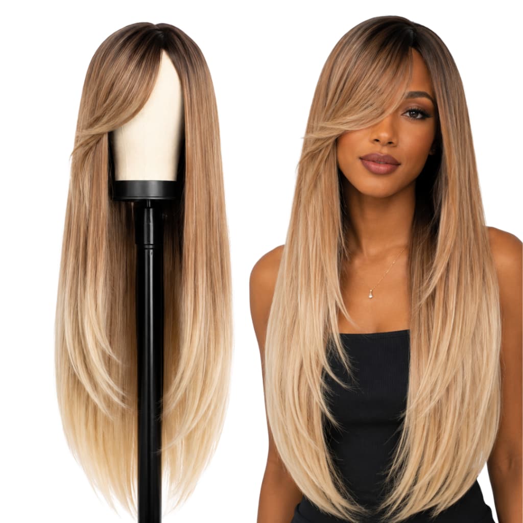 Peruca Lisa com Franja Ombre Loiro 70cm + Wig Cap