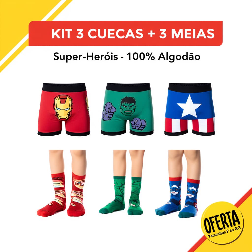 Kit Infantil Meia + Cueca 100% Algodão Menino Personagem Marvel Homem Aranha