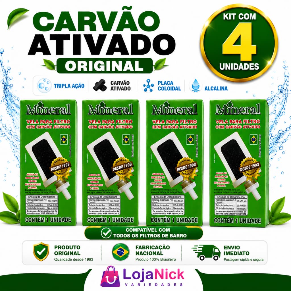 Vela de Carvão Ativado para Filtro de Barro kit com 4 vela- Carvão Ativado Alcalina