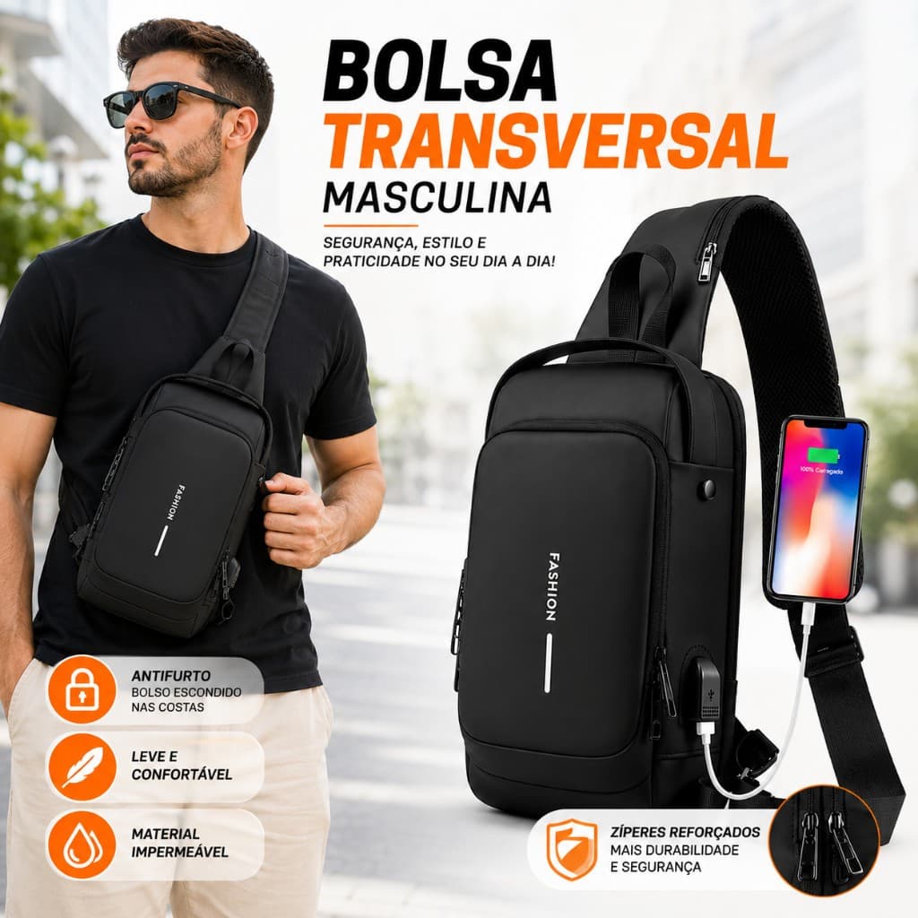 Mochila de Ombro Transversal Compacta Unilateral USB Trava de Código Á prova d'água