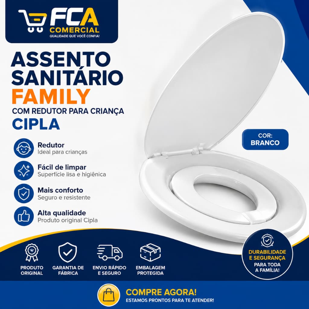 Assento Sanitário Family Branco branca Com Redudor Para Criança Cipla. Com limpeza facilitada e design moderno.