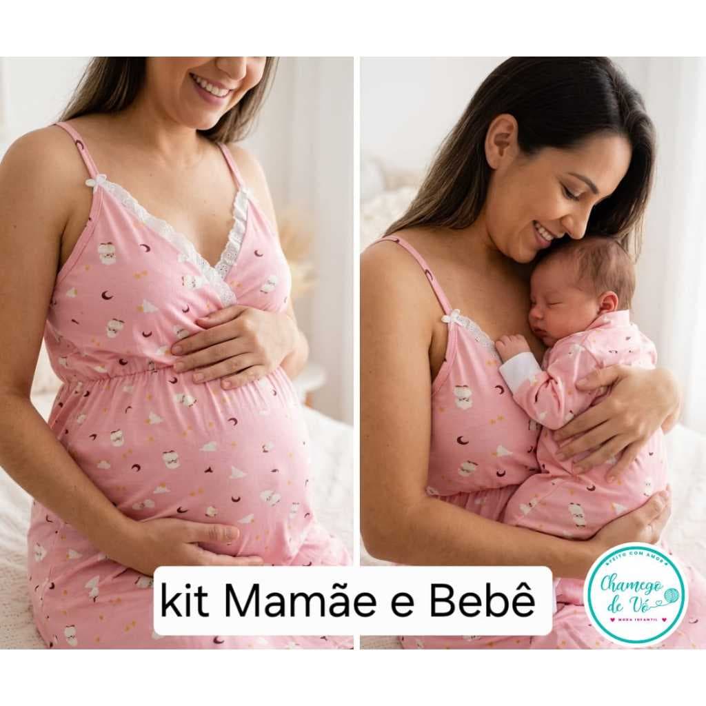 Kit Camisola Mãe e Macacão Bebê Menina Pijama camisola amamentação gestante