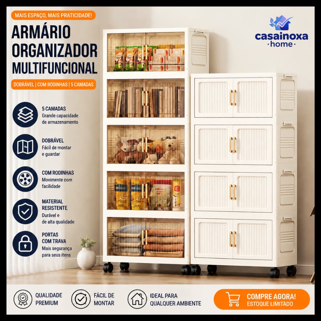 Armário Dobrável Organizador Multiuso Empilhável com Rodinhas Porta Magnética 2 Portas