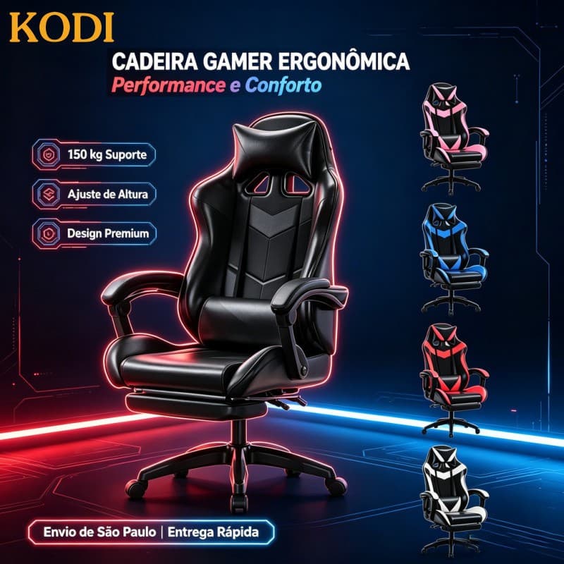 Cadeira gamer Ergonômica Reclinável Altura Ajustável Reclina 180° Couro Sintético Giratória-F19