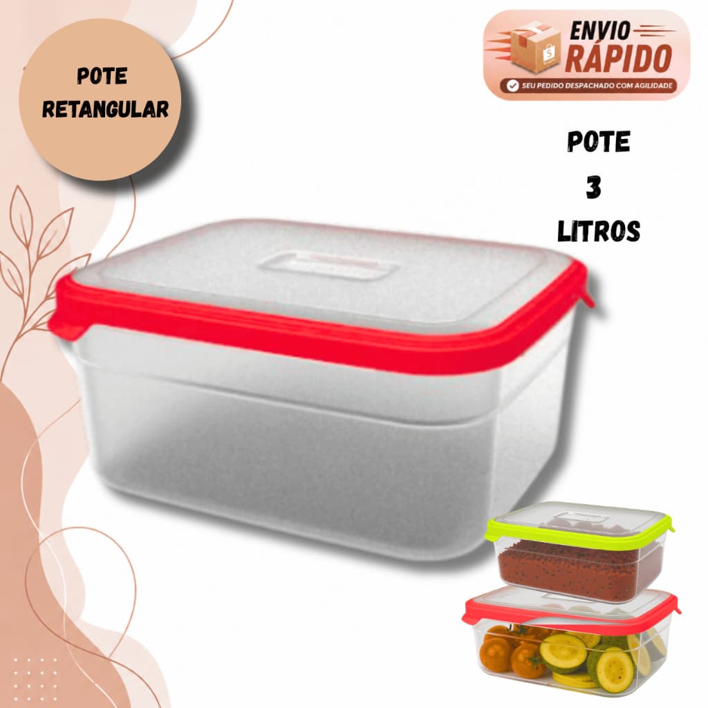 Pote Retangular Helsim Avulso Para Alimentos 3 Litros Utilidade Para Armário Freezer Microondas Cor Amarelo E Vermelho