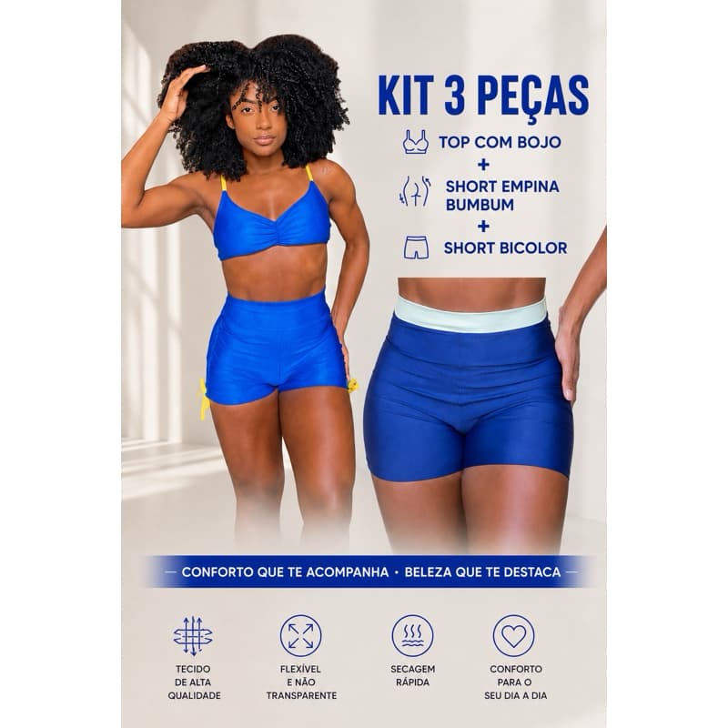 kit 3 Peças Top Com Bojo + Short Empina Bumbun + Short Bicolor Zero Transparência