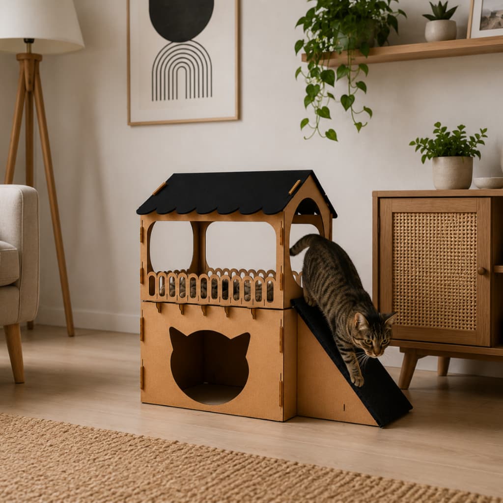 Casinha Para Gato 2 Andares com Arranhador Brinquedo Playground Gato Mdf 75x65x32cm