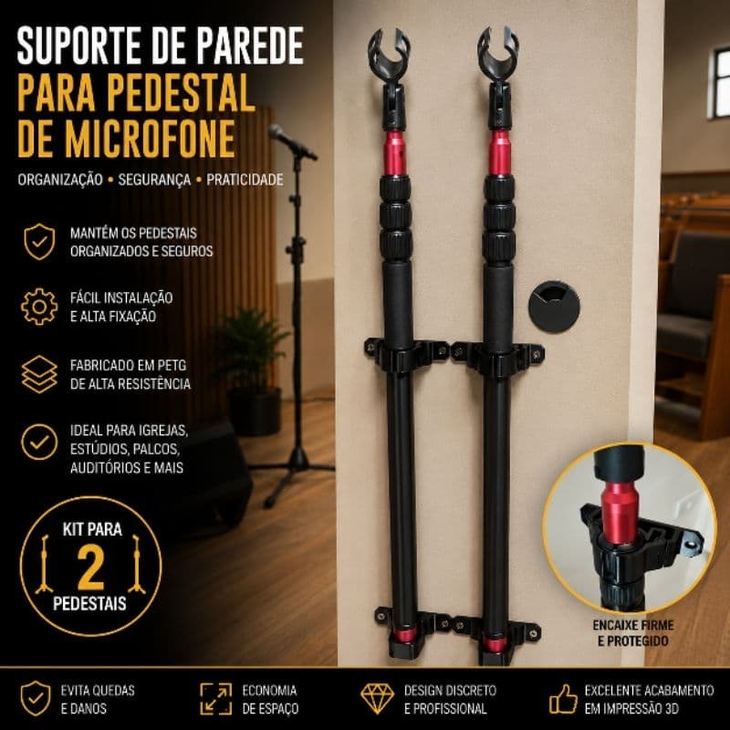Suporte de Parede para Pedestal de Microfone Volante | Organizador para 2 Pedestais Fácil Instalação