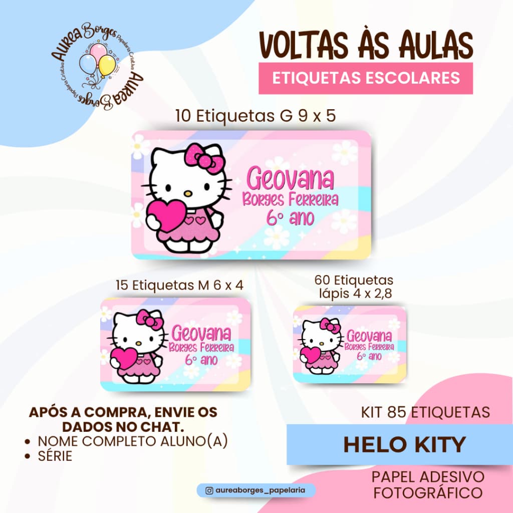 Kit 85 Etiquetas Escolares Personalizadas Helo Kity Adesivos Fotográfico Volta às Aulas Cadernos