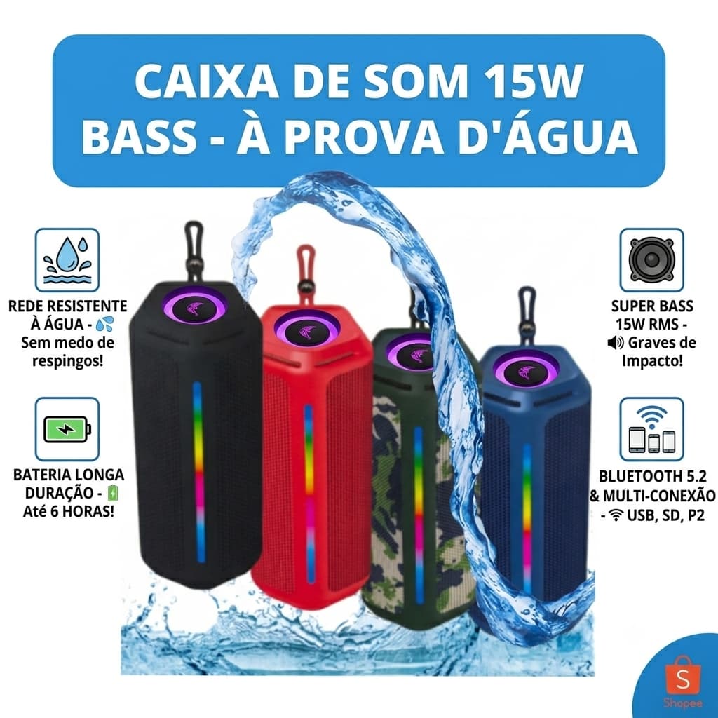 Caixa De Som Portátil Bluetooth À Prova D'água Potente 15W Bass Recarregável USB Cartão P2 Premium
