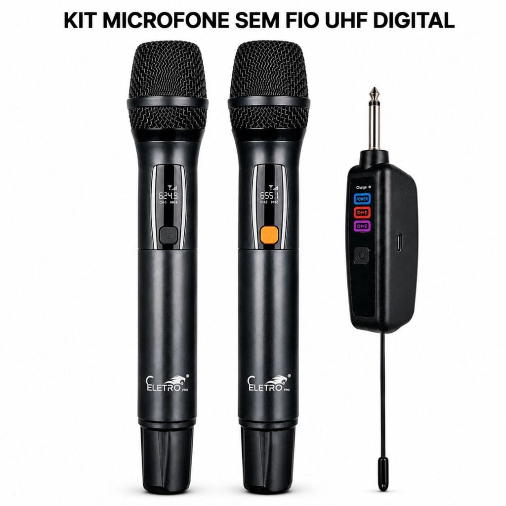 Microfone Sem Fio Duplo UHF Profissional Eletromex EL-5021 P10 Plug Play Longo Alcance Karaokê Igreja