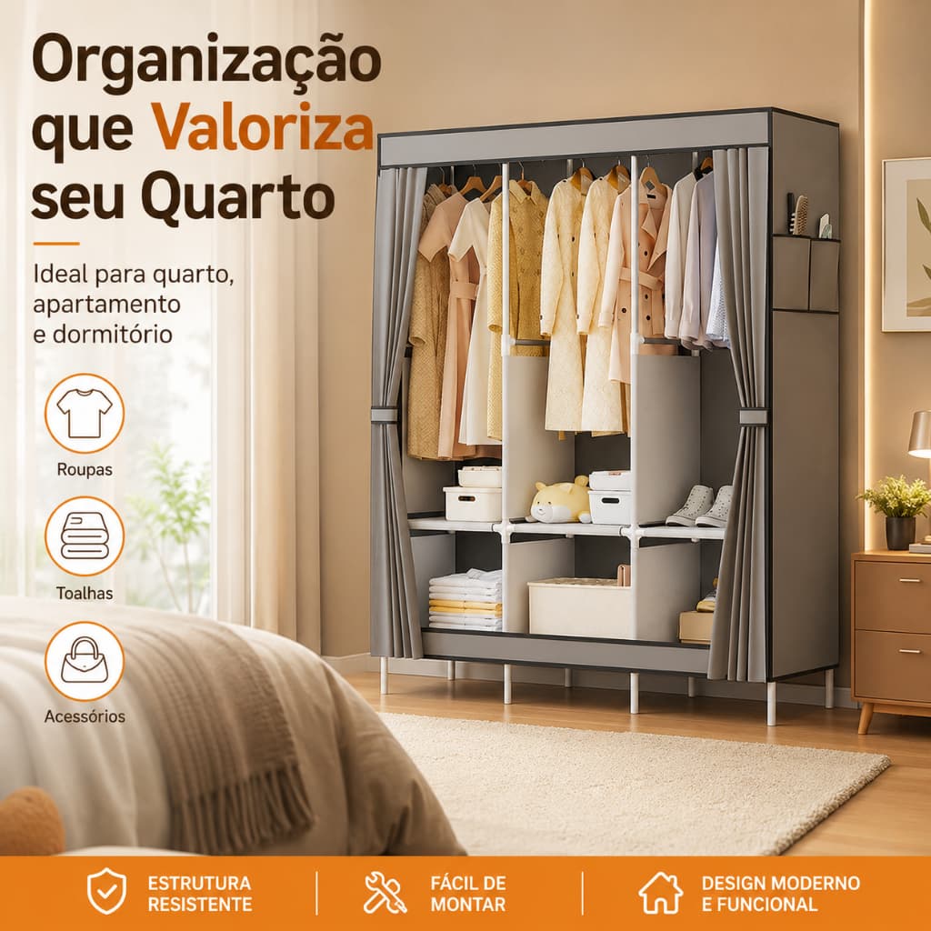 Cinzento Portátil Multifuncional Guarda Roupa Guarda-Roupa Fechado para Casal,Guarda-Roupa para Casal com Alta Capacidad
